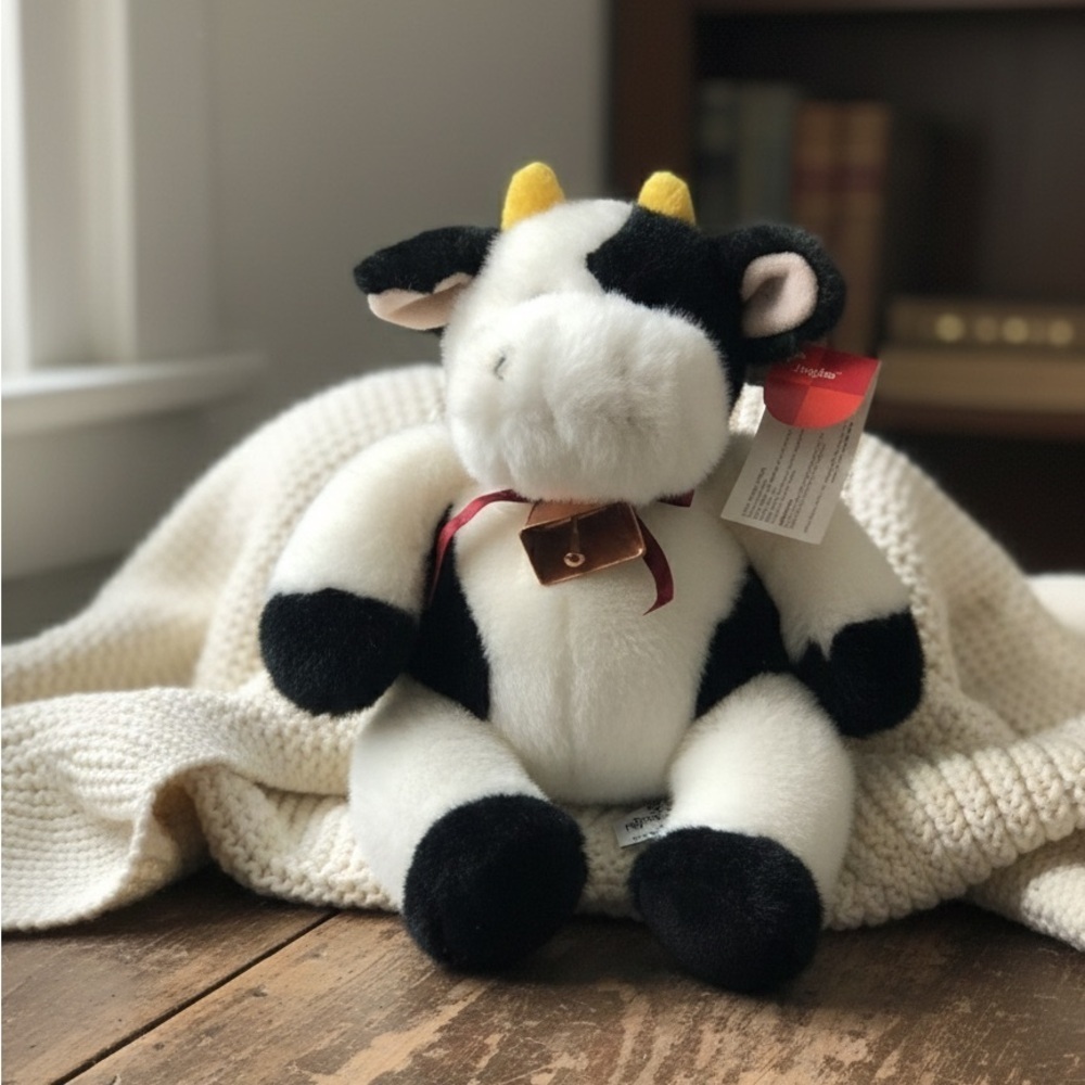 Vintage RUSS JANGLES COW W/ Bell 8" Plush Stuffed Animal Toy 1990's Farm